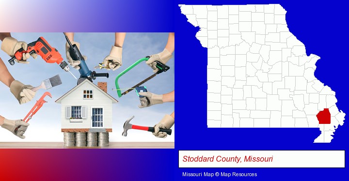 home improvement concepts and tools; Stoddard County, Missouri highlighted in red on a map