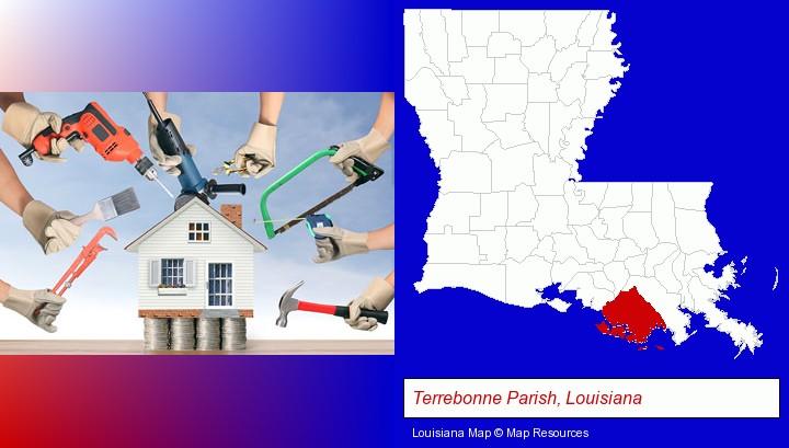 home improvement concepts and tools; Terrebonne Parish, Louisiana highlighted in red on a map