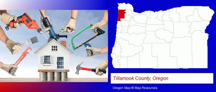 home improvement concepts and tools; Tillamook County, Oregon highlighted in red on a map