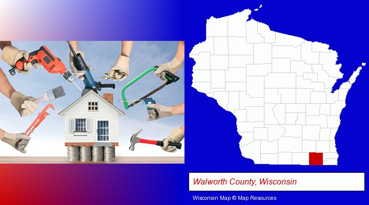 home improvement concepts and tools; Walworth County, Wisconsin highlighted in red on a map