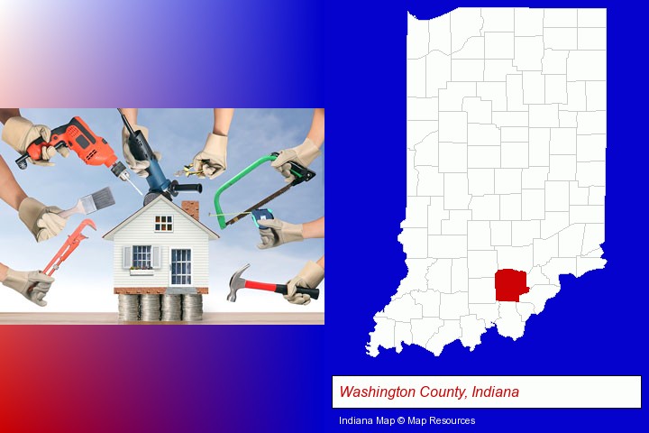 home improvement concepts and tools; Washington County, Indiana highlighted in red on a map