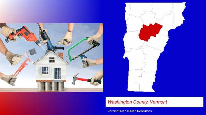 home improvement concepts and tools; Washington County, Vermont highlighted in red on a map