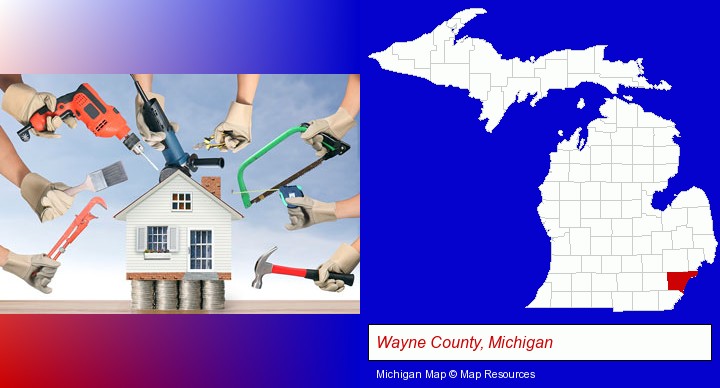 home improvement concepts and tools; Wayne County, Michigan highlighted in red on a map