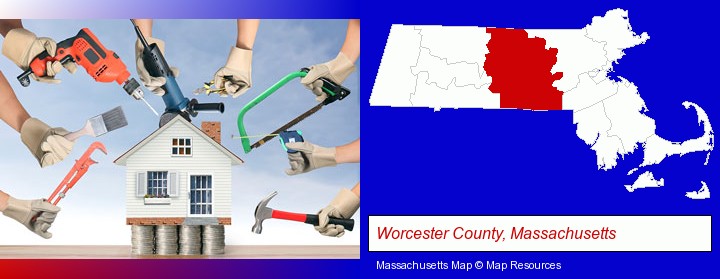 home improvement concepts and tools; Worcester County, Massachusetts highlighted in red on a map