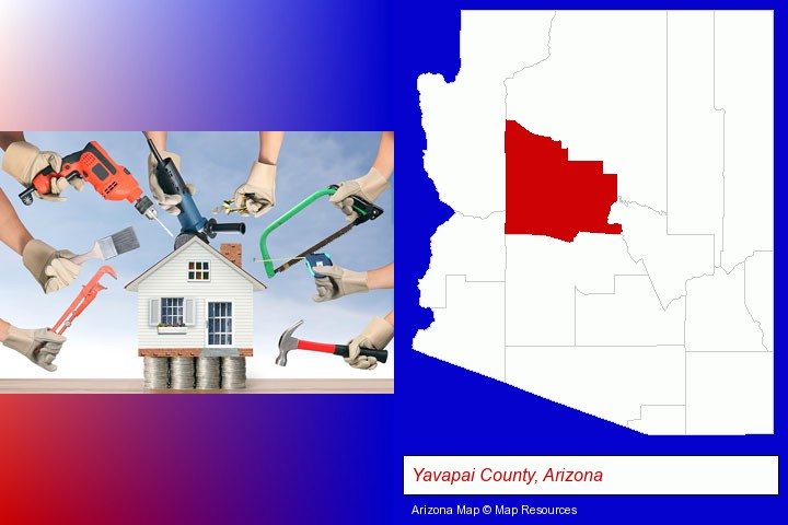 home improvement concepts and tools; Yavapai County, Arizona highlighted in red on a map